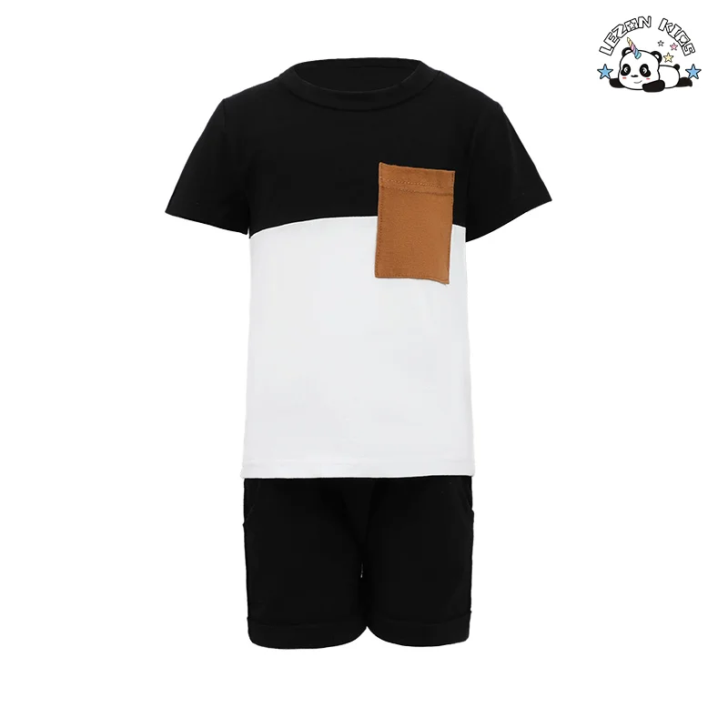 LEZONKIDS - Hot Sale Summer Short Sleeve Contrast Color T Shirt Top Elastic Solid Shorts Outfits Cute Boys Set for Kids